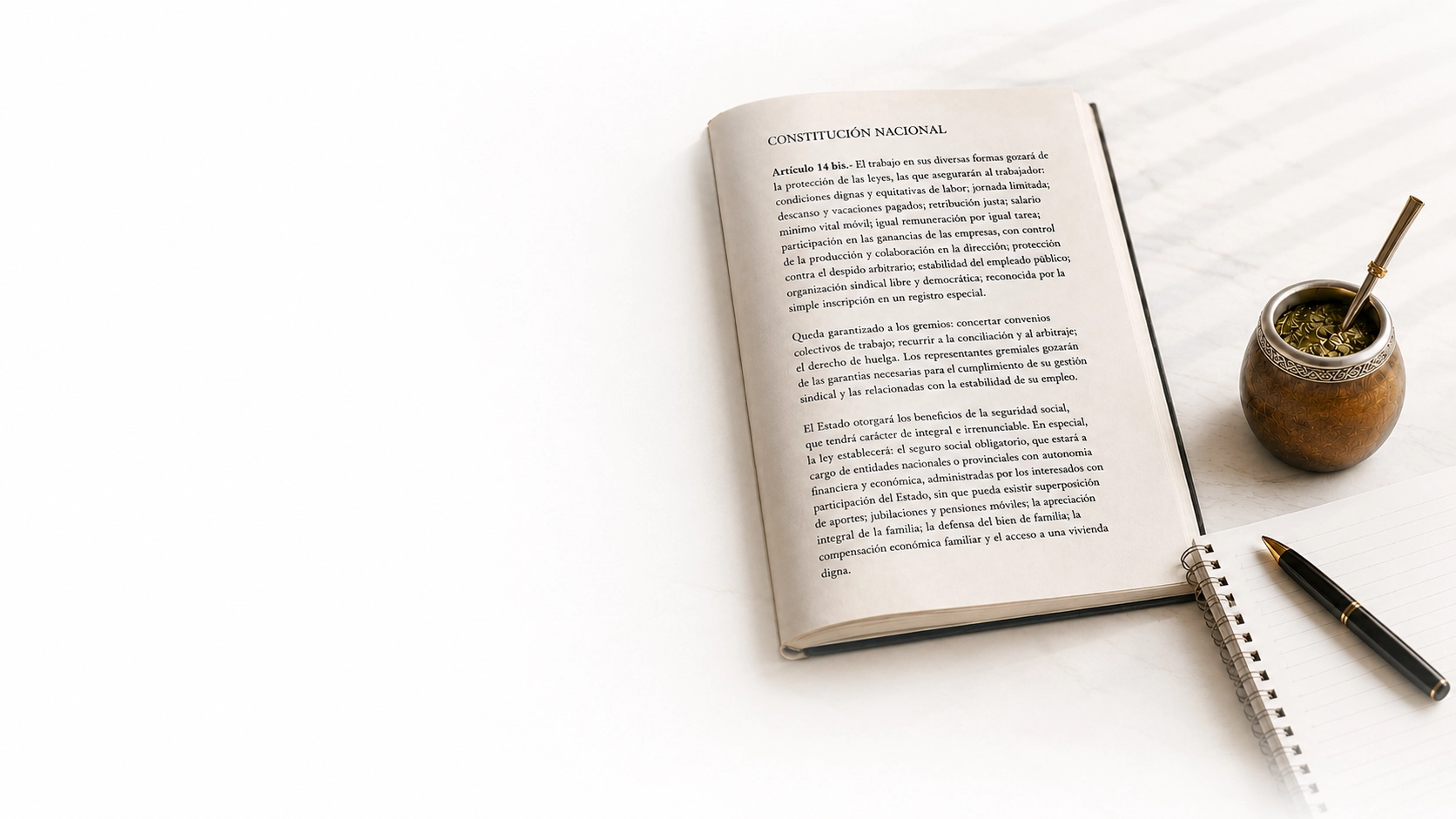Libro de la Constitución Nacional Argentina con mate, termo y anotaciones