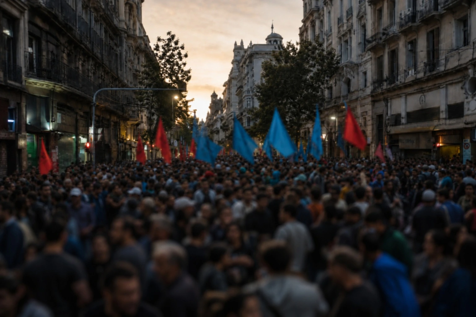 Mural de trabajadores con carteles que dicen Por Justicia Social y Dignidad
